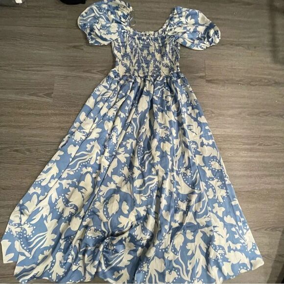 MOON RIVER Women's U Neck Puff Sleeve Shirred Tiered Midi Dress m - Picture 11 of 12